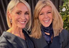 Kate Garraway and Jenni Falconer twin in matching pinstripe high street suits